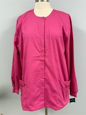 NWT Dickies EDS Scrub Jacket L Dark Pink Cotton Snap Front Scrubs Nurse Warm Up
